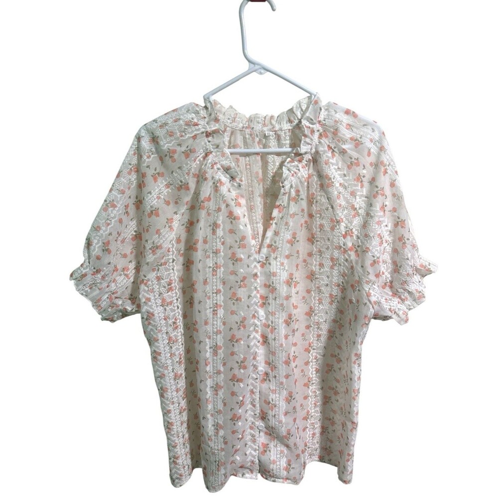 Floral Lace Sheer Peasant Blouse XXL Cottagecore Boho Puff Sleeve Top Romanric